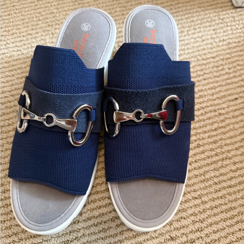 Navy Blue Slide Sandals with Silver Buckle